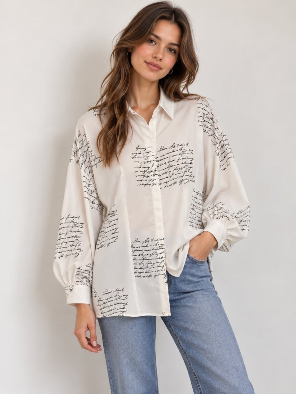 Script-Print White Button-Down Shirt - Picture 1 of 4